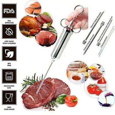 1 Set Stainless Steel Meat Injector Syringe W/ 3 Marinade Needles For BBQ Grill • £13.01