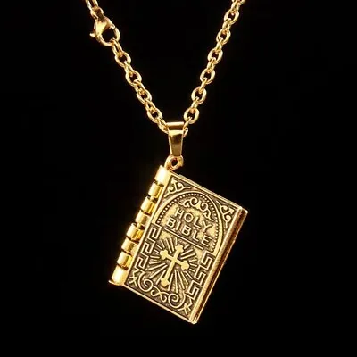 Gold Holy Bible Pendant Lord's Prayer Necklace Chain Catholic Jewelry Men Women • $12.99