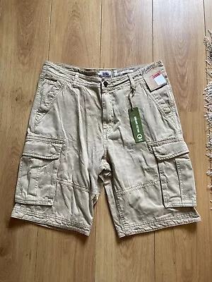 Mantaray Mens W34” L21” Sand Brown Organic Cotton Cargo Jungle Shorts W Logo New • £14.99