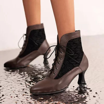 $45.89 • Buy Women Kitten Heel Lace Up Short Ankle Boots Victorian Lace Retro Shoes Booties