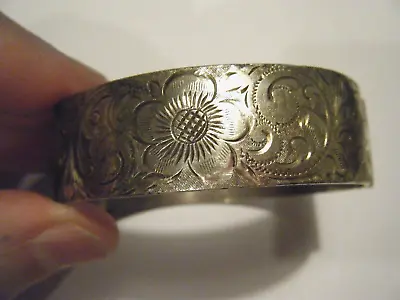 Antique 1960s Heavy Sterling Silver Engraved English Hinged Bangle Bracelet Q.P. • $195