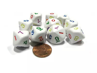 Set Of 10 D10 Ten-Sided Opaque Rainbow Dice 0-9 - White With Multicolor Number • $9.99