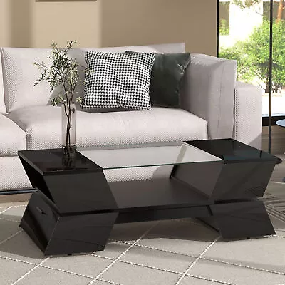 6mm Glass-Top Coffee Table Open Shelves & Cabinets Geometric Style • $219.20