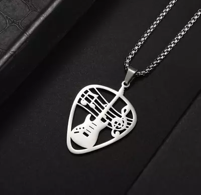 Guitar And Music Notes Stainless Steel Pick Shaped Pendant & Rope Chain Necklace • £4.49