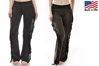 T Party Women's Fringe Leg Mineral Wash Yoga Pants Solid Black Brown Made In USA • $54