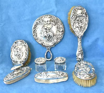 8 Pc Antique Art Nouveau F&B Paul & Virginia Lovers Sterling Silver Dresser Set • $765