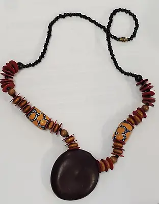 VTG Necklace Disk Brown Wooden Beads Barrel Clasp Boho African Tribal Chunky • $19.99
