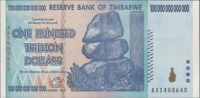 2008 100 Trillion Dollars Zimbabwe  Banknote AA P-91 GEM UNC Note Currency: Mint • £119