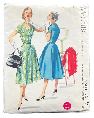 1955 McCalls Sewing Pattern 3503 Womens Short Sleeve Dress Size 16 Vintage  8531 • $35