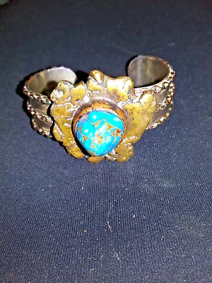 Native American Sterling Silver & Brass Cuff Bracelet With Blue Turquoise Stone • $49.99