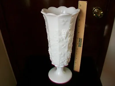 Vintage Westmoreland Paneled Grape Milk Glass Tall Crimped Vase 11 1/2  • $20