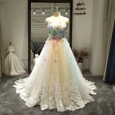 Colorful Rainbow Wedding Dresses Strapless Tulle 3D Flowers A Line Bridal Gowns • $154.36