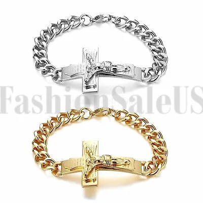 Mens Stainless Steel Jesus Cross Crucifix Bible Verse Curb Chain Bracelet Bangle • $10.99