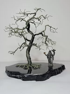 Mid Century Modern Twisted Wire Metal Stone Tree & Wizzard Mage Sculpture  • $129