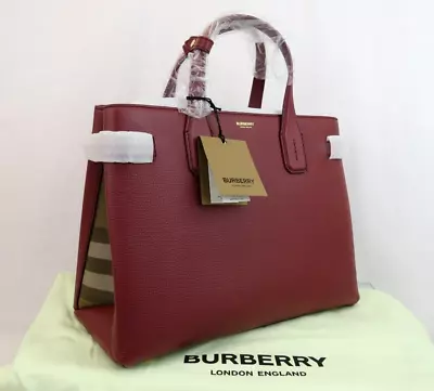 $1790 Burberry Md Banner Crimson Leather Check Canvas Shoulder Medium Tote Bag • $1398.22