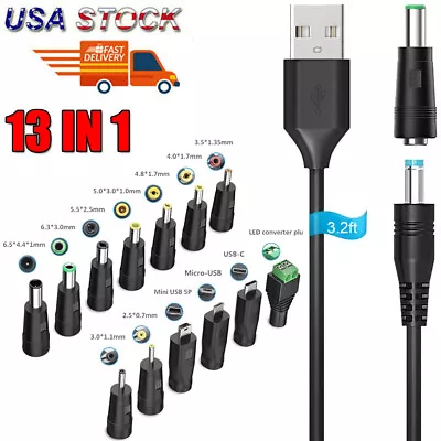 5V Universal USB To DC Charging Cord 5.5x2.1mm Power Cable W/ 13pcs Adapter • $9.87