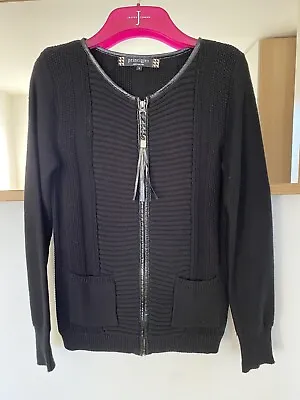 Principles By Ben De Lisi Black Knit LS Faux Leather Trim Cardigan Size 8 Ex Con • £12