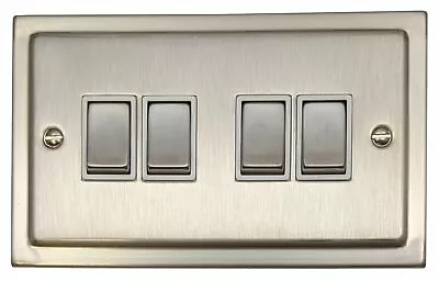 G&H TSN204 Trimline Plate Satin Nickel 4 Gang 1 Or 2 Way Rocker Light Switch • £25.30
