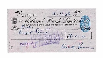 Midland Bank Ltd Southwark Branch SE1 Cheque Issued In 1956. • £2.50