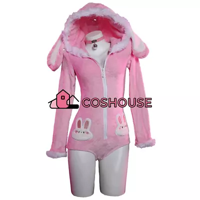 Women's Cute Bunny Furry Bodycon Romper Pink Rabbit Hooded Bodysuit With Socks • $36.99