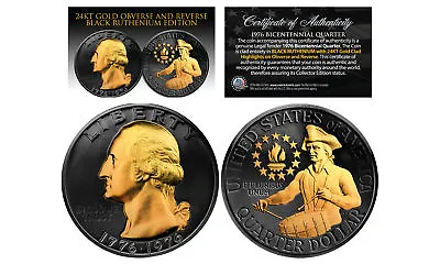 1976 BLACK RUTHENIUM Bicentennial US Quarter Coin W/ 24K GOLD Features 2-Sided • $15.95