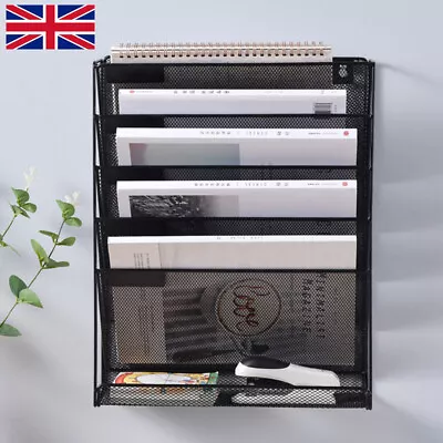 UK Metal Mesh Wall Mounted File Organiser Office Tray Magazine Rack 5 Tier • £12.99