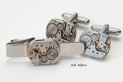 WATCH MOVEMENT CUFFLINKS & TIE CLIP GIFT SET Vintage Silver Steampunk Wedding • £14.99