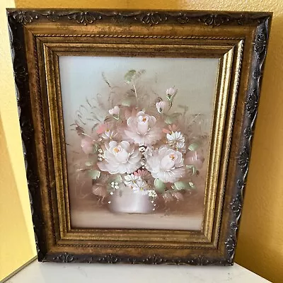 Vintage Still Life Pink Roses In Vase Oil Painting 8x10~Signed~w/Embossed Frame • $35