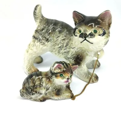 Vintage Ceramic Japan Mother Cat Tabby With 1 Kitten On Chain READ REPAIR • $39.97