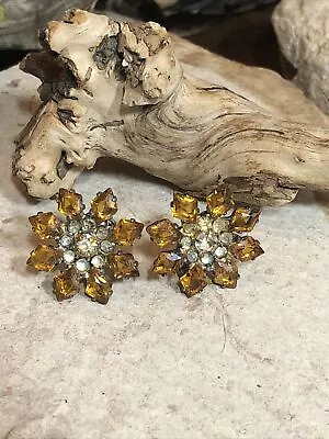 Vintage Old Sterling 925 Yellow Glass Crystal Starburst Clip Earrings 10.2g • $174.99