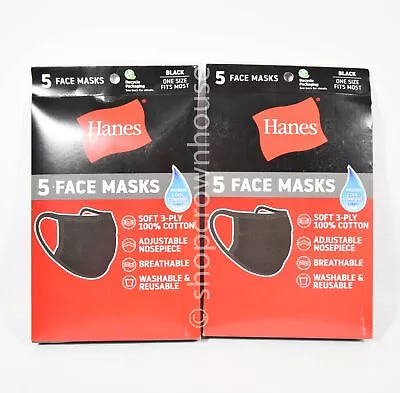 2 Packs HANES 100% Cotton Reusable & Washable Facemasks BLACK = 10 Masks TRAVEL • $7.50