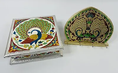 Vintage Hand Made Meenakari Metal Foil Trinket Box & Wall Plaque W/Hooks • $53.18