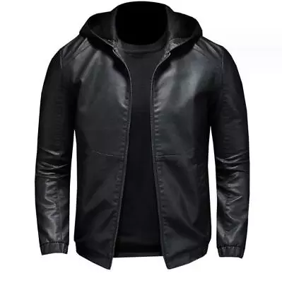 Fashion Mens Hooded Faux Leather Short Jacket Slim Fit Biker Casual Outdoor Coat • $39.15