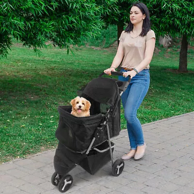 Lightweight Pet Dog Travel Stroller Folding W/Safety Belt & Cup Holder 3/4-Wheel • $53.58