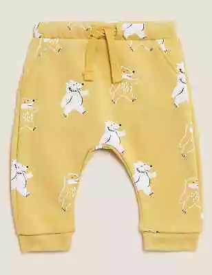 New Marks And Spencer M&S Cotton Rich Badger Print Yellow Joggers - 12-18 Months • £12.99