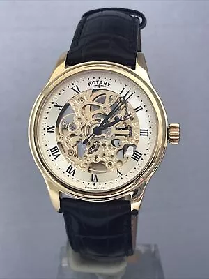 Rotary Men's Automatic Skeleton Gold Platted Black Leather Strap WatchGS02519/09 • £119.99