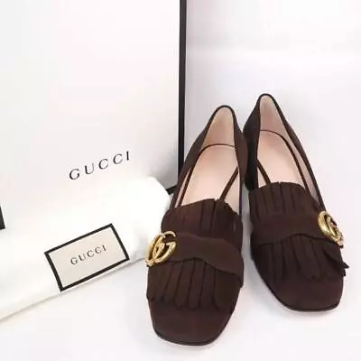 GUCCI GG Marmont Logo Leather Loafers Size 38.5 Block Heel Boxed Unused • $699