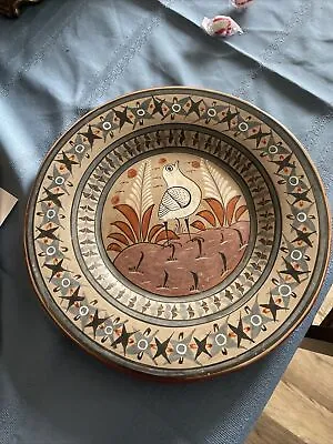 VTG Mexican Burnished Tonala Folk Art Pottery Plate Plaque Bird Flowers 12  • $39.50