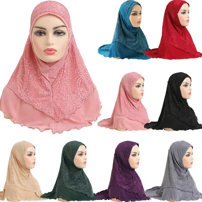 Women Lace Hijab Shawl Muslim Instant Turban Scarf Pull On Headscarf Wrap Stole • £9.06