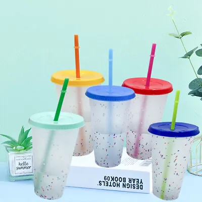 5Pcs Plastic Reusable Cups With Lid And Straw Drink Coffee Beverage Tea Cups UK • £11.88