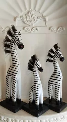 Zebra's Fair Trade Hand Carved Wooden Set Of 3 Lovely Sculptures Ornaments. • £15.99