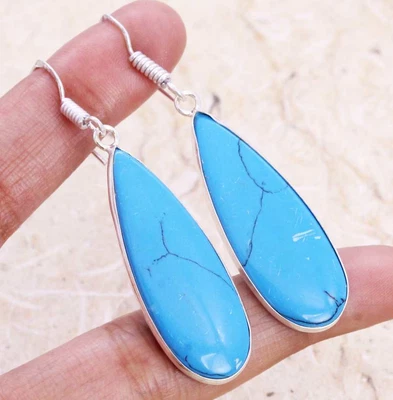 $3.99 • Buy Turquoise 925 Silver Plated Handmade Earrings Of 1.8  Ethnic