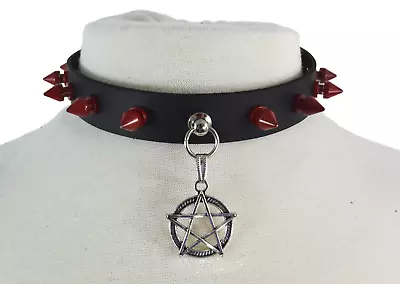 Gothic Steampunk Pentagram Charm Rivet Matte Red Spikes Leather Choker Necklace • $27.90