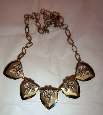 J Crew Tortoise Shell Gold Tone Crystal Rhinestone Necklace Statement Jewelery • $30