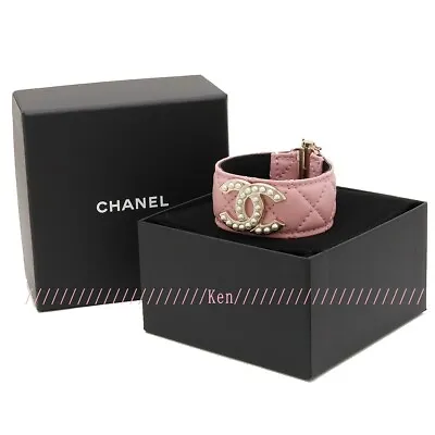 CHANEL Bracelet Bangle AUTH Coco CC Vintage Rare Logo Leather Pearl Pink Gold FS • $959.99