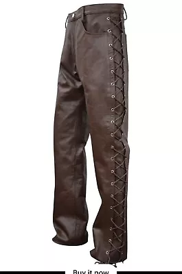 Men's Side Laces Motorbike Pant - 5 Pockets Original Cow Leather Brown New • $73.79