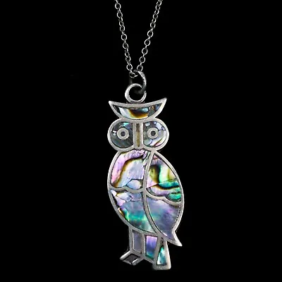 Vintage Artist Made Owl Pendant Sterling Silver W/ Inlaid Abalone Shell 1.5  • $36.08