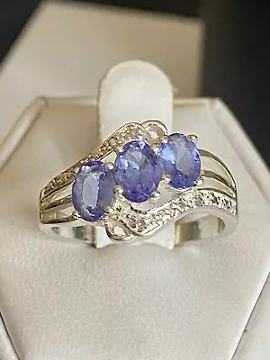 Sterling Silver Tanzanite And Diamond Set Ring Size P • $96.96