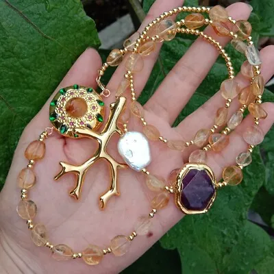 Unique Natural Gemstone Long Necklace Citrine Amethyst White Pearl Beaded • $24.70