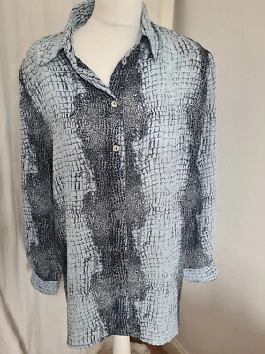 £8.99 • Buy Vintage Uk16 Blue Mode Snakeskin Print Shirt Blouse Shoulder Pads Retro Longline